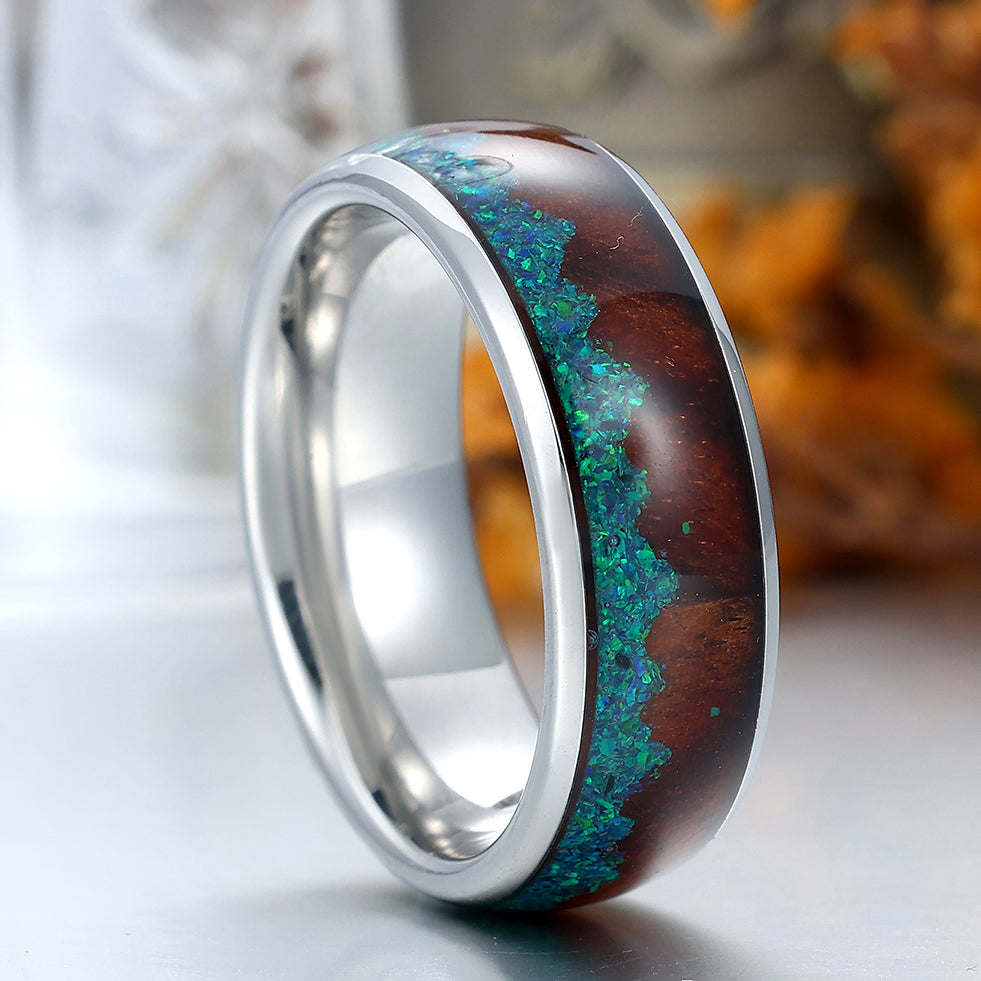 Crushed Peacock Green Opal Tungsten Wedding Band Wood Strips Men's Unisex Ring Anniversary Ring