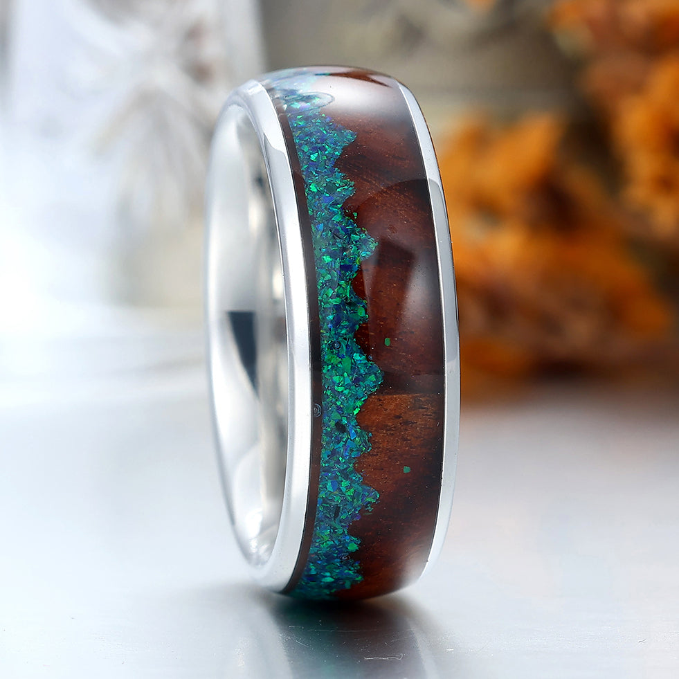 Crushed Peacock Green Opal Tungsten Wedding Band Wood Strips Men's Unisex Ring Anniversary Ring