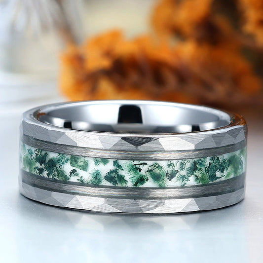Unique 8mm Men's Moss Agate Tungsten Engagement Ring Engravable Wedding Band Silver/Black/Yellow Gold Anniversary Ring