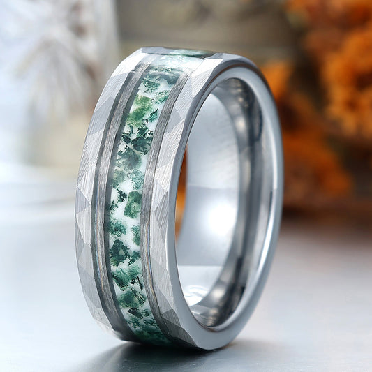 Unique 8mm Men's Moss Agate Tungsten Engagement Ring Engravable Wedding Band Silver/Black/Yellow Gold Anniversary Ring