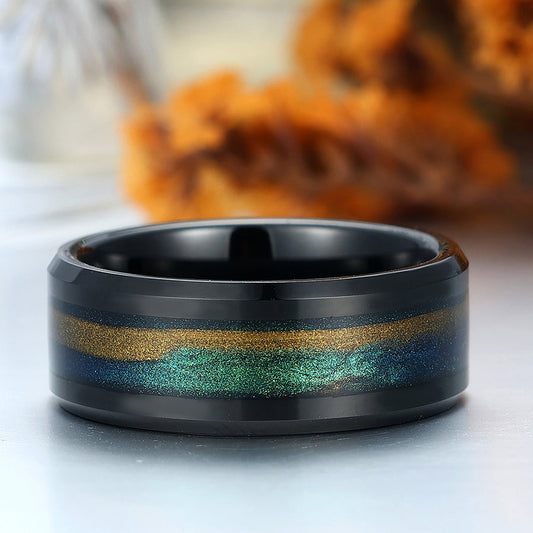 Flowing Sand Nebula Tungsten Ring Beveled Edge Men's Anniversary Ring Unisex Wedding Band