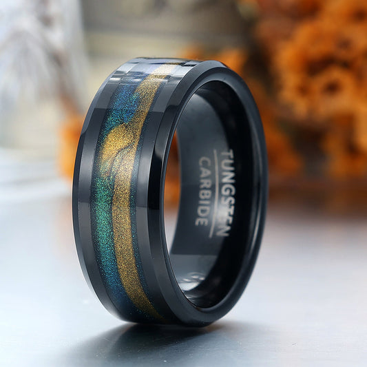 Flowing Sand Nebula Tungsten Ring Beveled Edge Men's Anniversary Ring Unisex Wedding Band