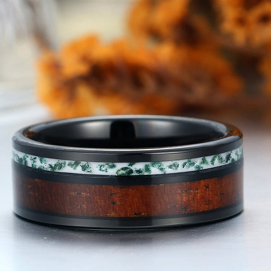 Wood Strips Moss Agate Tungsten Men's Wedding Band Black Men's Unisex Ring