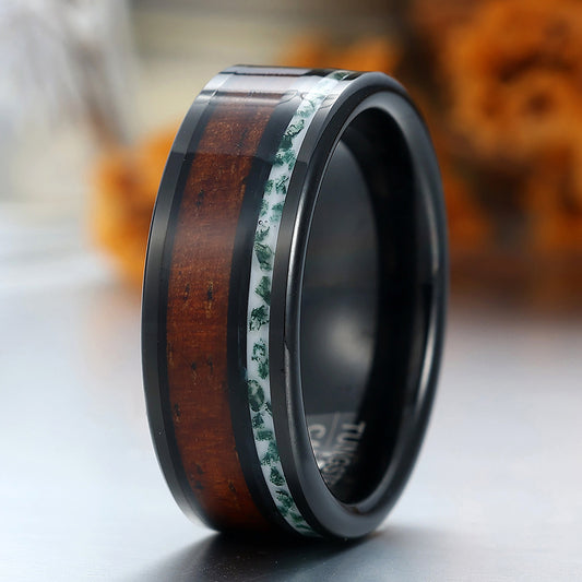 Wood Strips Moss Agate Tungsten Men's Wedding Band Black Men's Unisex Ring