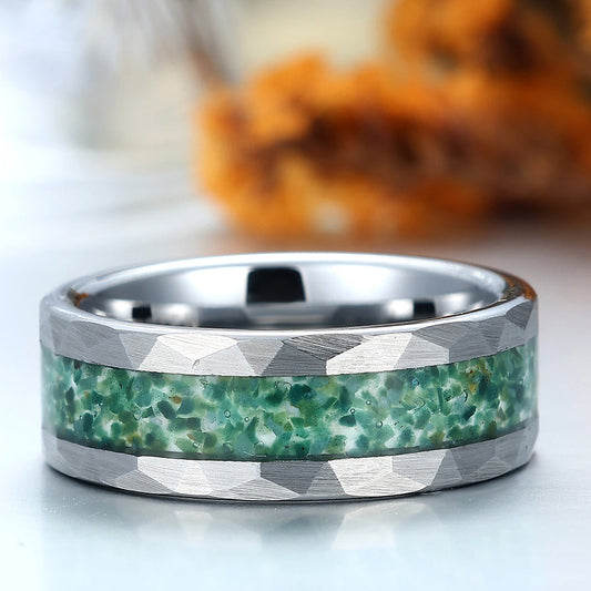 Men's Hammered Moss Agate Ring Tungsten Ring for Men and Women Unisex Birthday Ring