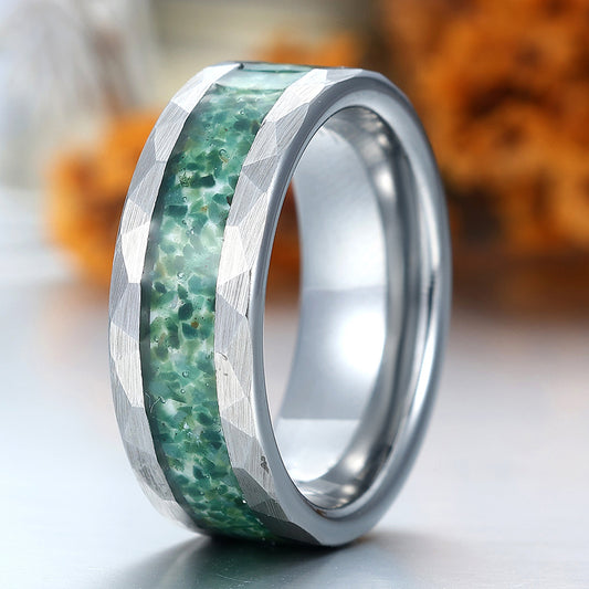 Men's Hammered Moss Agate Ring Tungsten Ring for Men and Women Unisex Birthday Ring