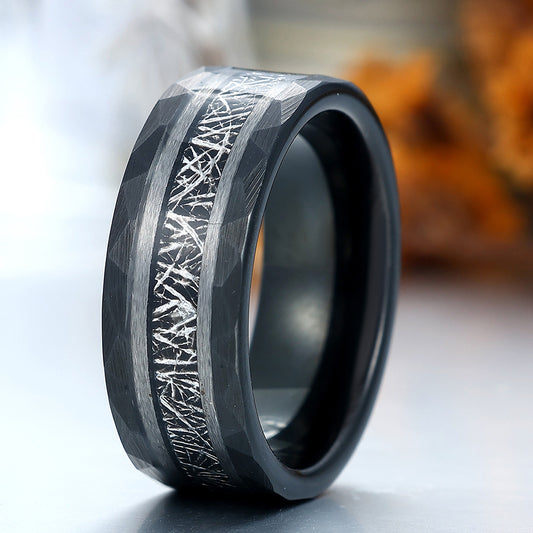 Tungsten Wedding Ring With White Meteorite Inlay Black Ring For Men and Women