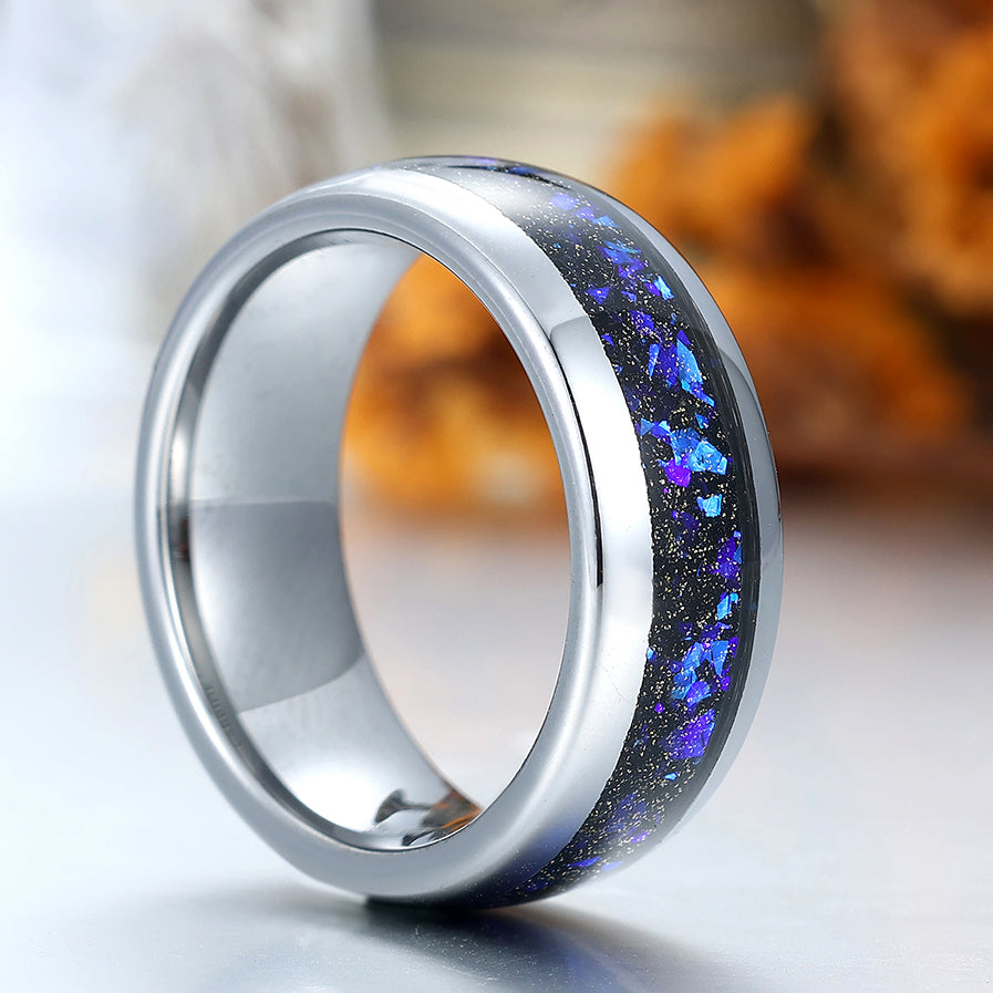 Blue Galaxy Sandstone Tungsten Ring 8mm Polished Dome Unisex Wedding Band Men's Birthday Ring