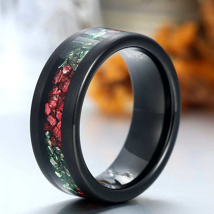 Emerald Ruby Inlay Tungsten Men's Ring Black Wire Drawed Anniversary Ring Unisex Wedding Band