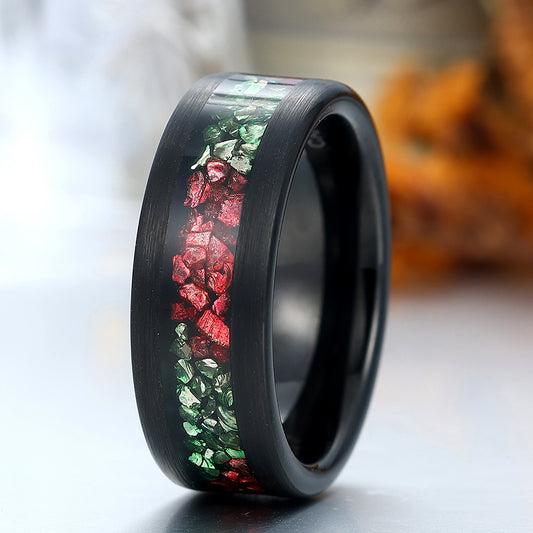 Emerald Ruby Inlay Tungsten Men's Ring Black Wire Drawed Anniversary Ring Unisex Wedding Band