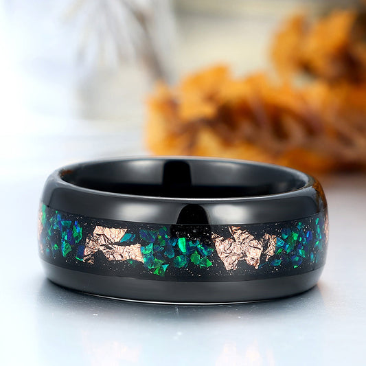 Men's Peacock Green Opal Tungsten Wedding Band Polished Dome Gold Foils Inlay Anniversary Ring