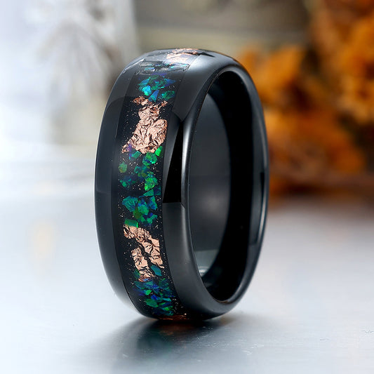 Men's Peacock Green Opal Tungsten Wedding Band Polished Dome Gold Foils Inlay Anniversary Ring