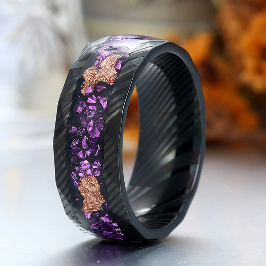 Damascus Steel Ring With Amethyst Gold Foils Men’s Anniversary Ring Unisex Birthday Band