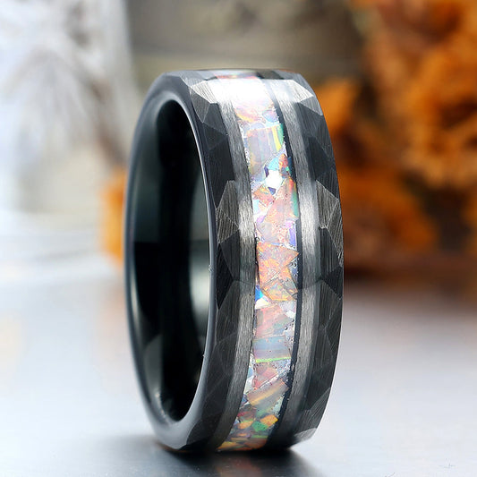 Handmade Pink White Opal Tungsten Wedding Ring Black Hammered Band Men's Unisex Ring