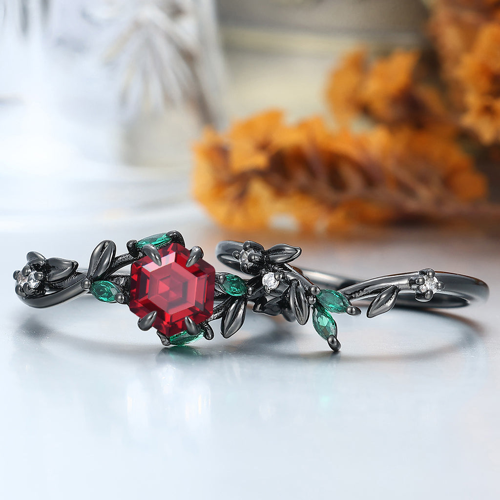 Exquisite Leaf & Vine Hexagon S925 Red Garnet Ring with Mixed Green & White Gem Accents Ring Set  Bridal Ring Set
