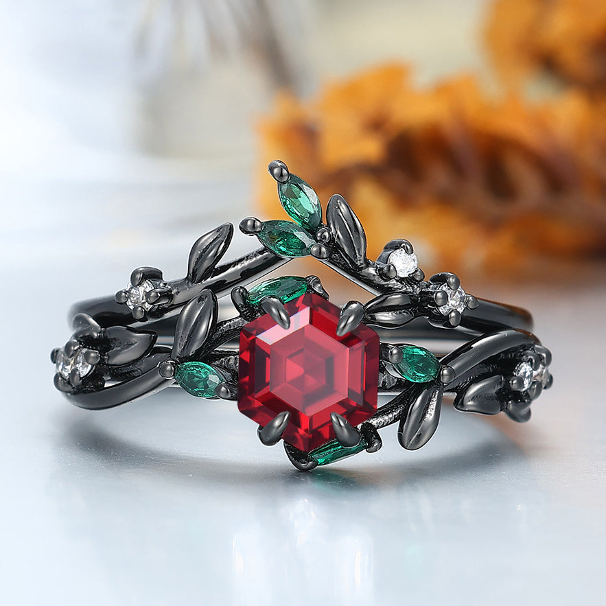 Exquisite Leaf & Vine Hexagon S925 Red Garnet Ring with Mixed Green & White Gem Accents Ring Set  Bridal Ring Set