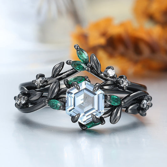 Nature Inspired Aquamarine Leaf Engagement Ring Set 2pcs Solid Gold Bridal Ring For Her