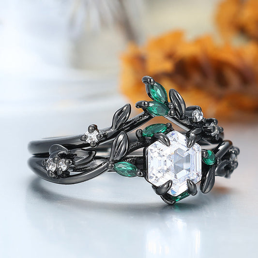 Exquisite Moissanite Sprig Engagement Ring Set Emerald Inlay Bridal Ring Set