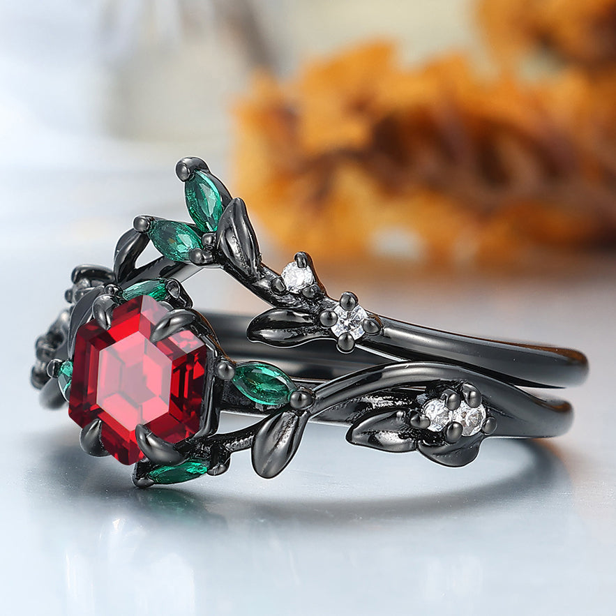 Exquisite Leaf & Vine Hexagon S925 Red Garnet Ring with Mixed Green & White Gem Accents Ring Set  Bridal Ring Set