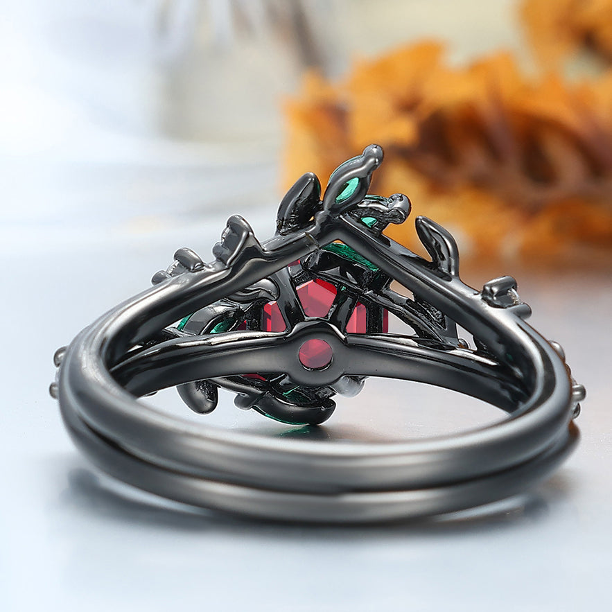 Exquisite Leaf & Vine Hexagon S925 Red Garnet Ring with Mixed Green & White Gem Accents Ring Set  Bridal Ring Set