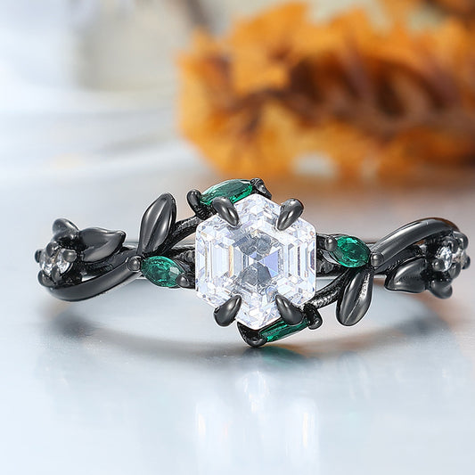 Art Deco Hexagonal Moissanite Twig Engagement Ring Emerald Accents Bridal Ring