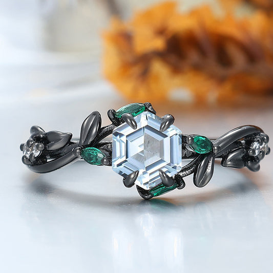 Gorgeous Aquamarine Sprig Engagement Ring Emerald Accents Women Ring Black Gold Bridal Ring