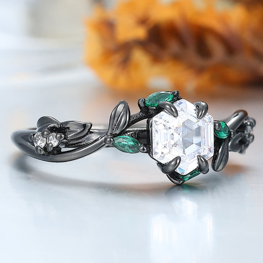 Art Deco Hexagonal Moissanite Twig Engagement Ring Emerald Accents Bridal Ring