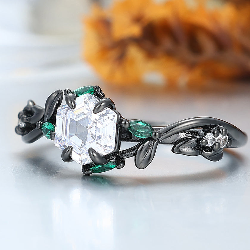 Art Deco Hexagonal Moissanite Twig Engagement Ring Emerald Accents Bridal Ring