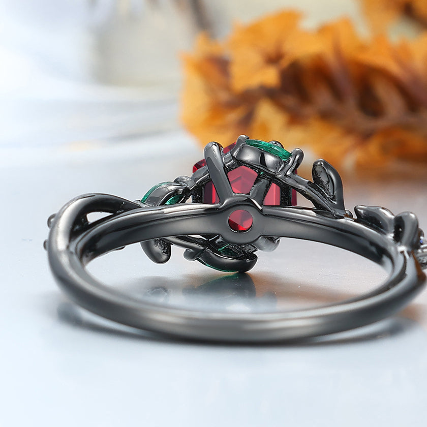 Art Deco Hexagonal Nature Red Garnet Twig 14k Black Gold Engagement Ring Emerald Accents Bridal Ring
