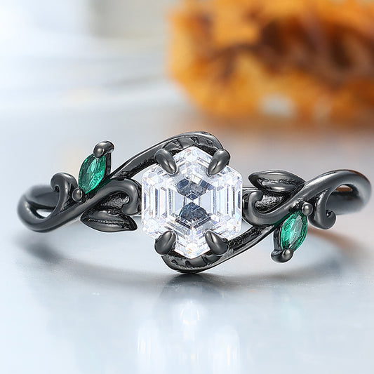 Dainty Hexagonal Cut Moissanite Vines Engagement Ring Emerald Inlay Women Wedding Ring