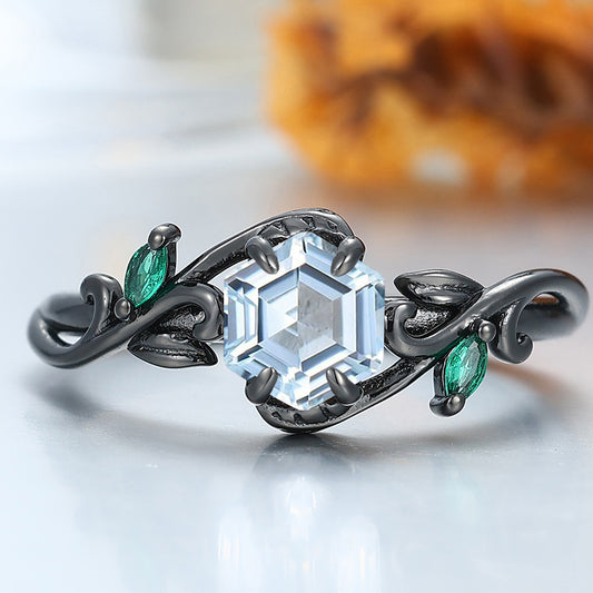 Vine Leaf Design Aquamarine Engagement Ring Gold & 925 Sliver Women Fine Handmade Ring