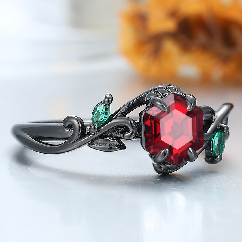 Nature-Inspired Hexagonal Garnet Ring with Twining Vine Design Emerald Inlay Women  Ring Wedding Ring