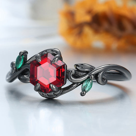 Nature-Inspired Hexagonal Garnet Ring with Twining Vine Design Emerald Inlay Women Ring Wedding Ring