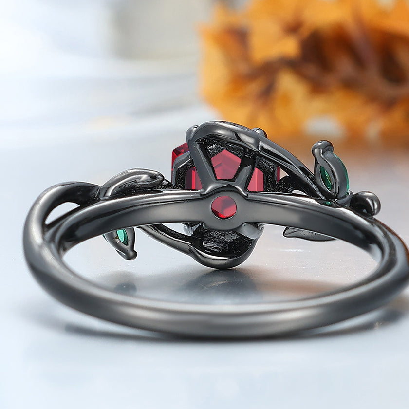 Nature-Inspired Hexagonal Garnet Ring with Twining Vine Design Emerald Inlay Women  Ring Wedding Ring