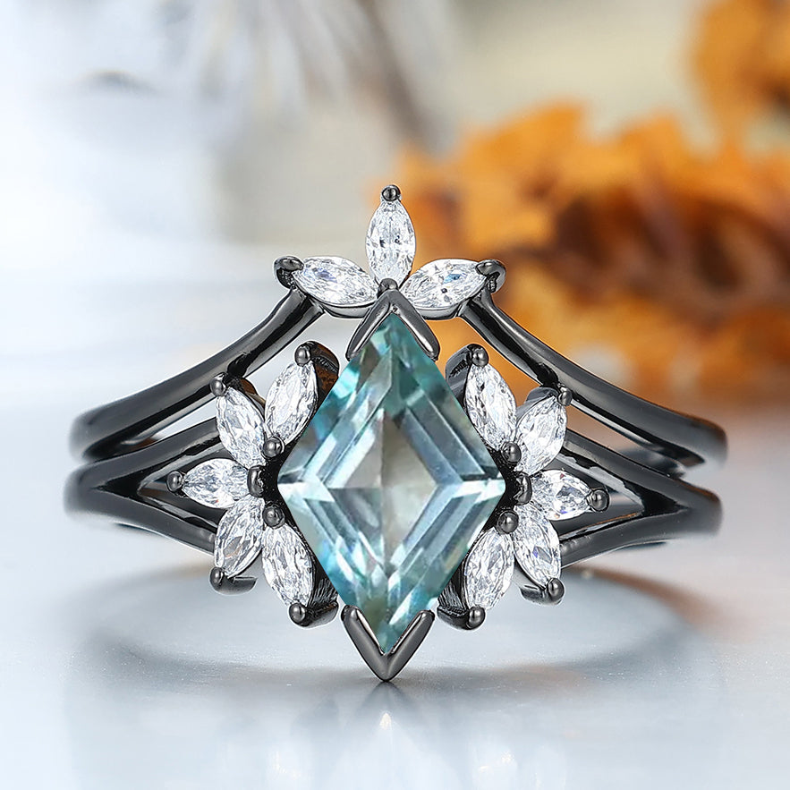 Cluster Rhombus Cut Aquamarine Engagement Ring Set 2pcs Women Wedding Ring Bridal Ring