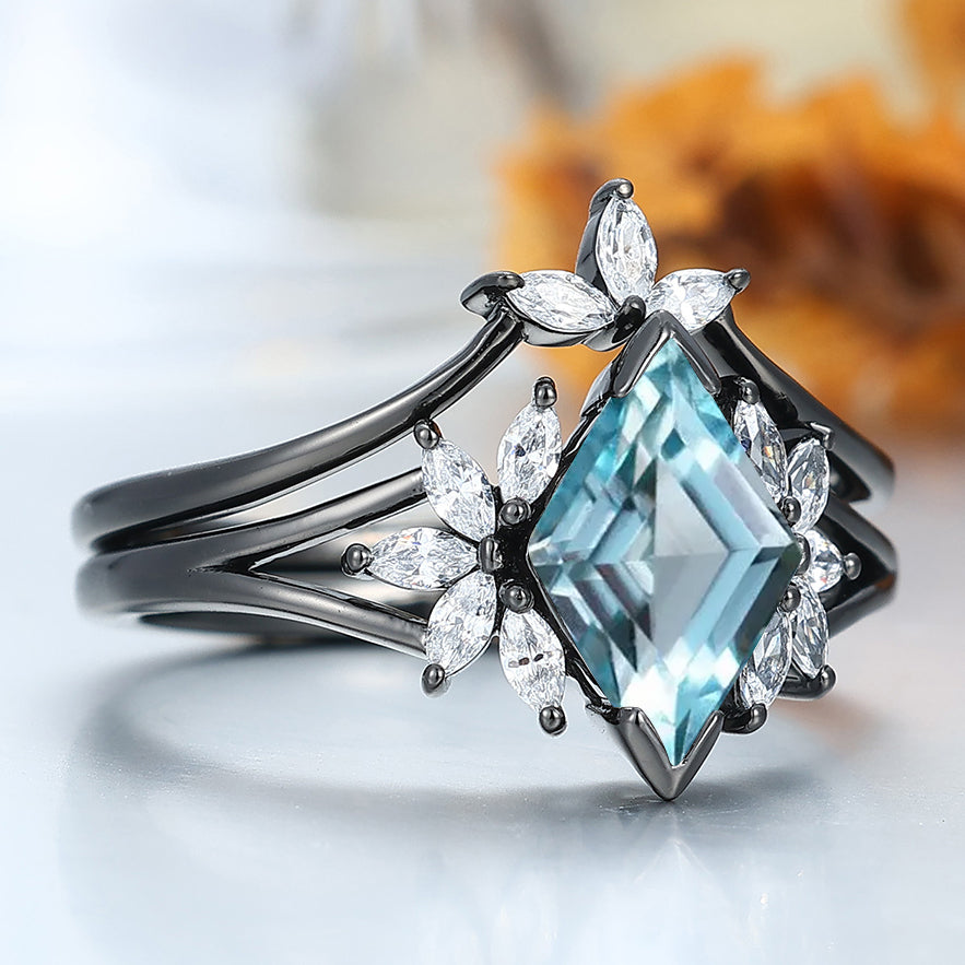 Cluster Rhombus Cut Aquamarine Engagement Ring Set 2pcs Women Wedding Ring Bridal Ring