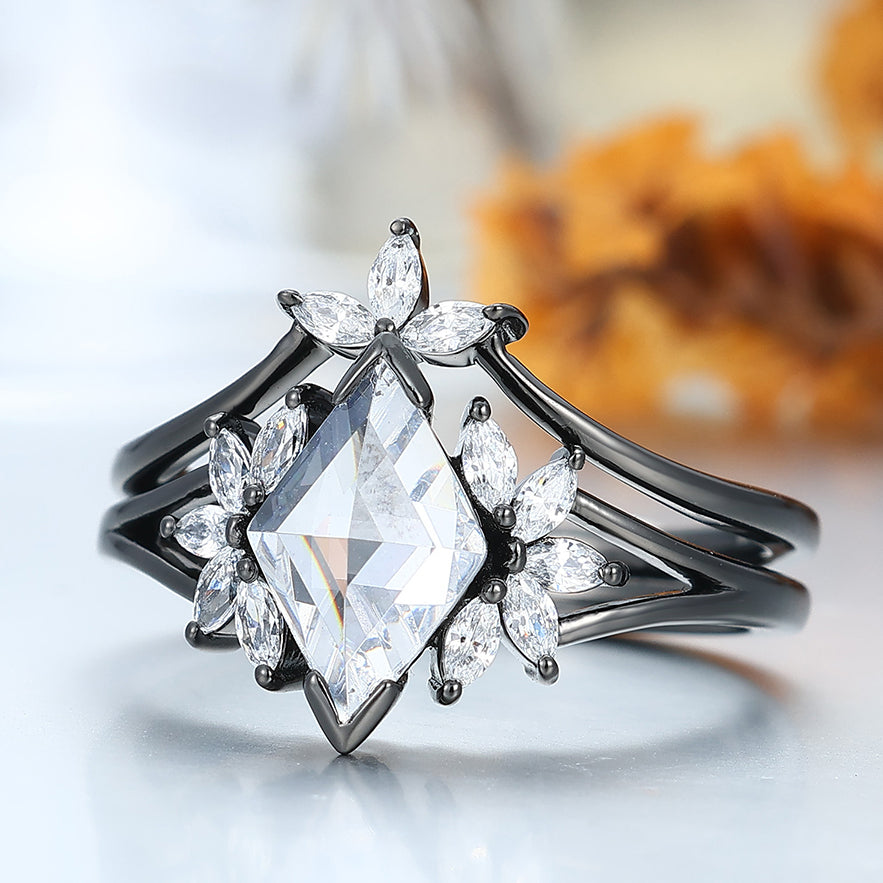 Dazzling Moissanite Cluster Engagement Ring Set Women Black Plated Petal Wedding Ring Set