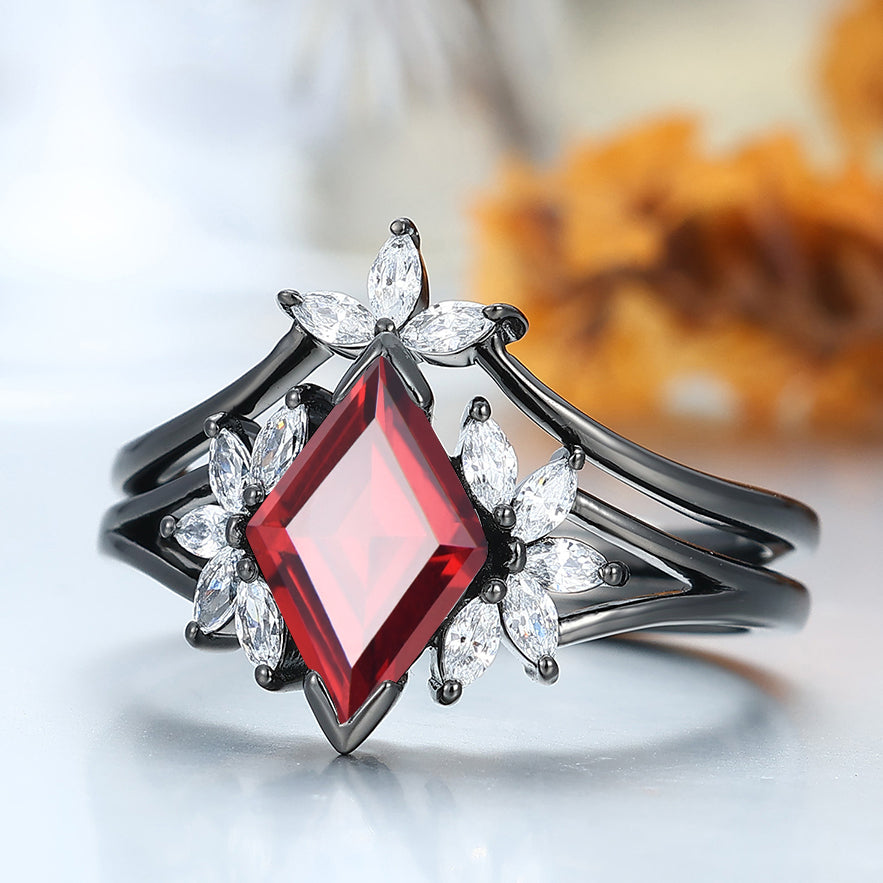 Dazzling Nature 925 Sterling Silver Red Garnet Cluster Engagement Ring Set Women Black Plated Petal Wedding Ring Set