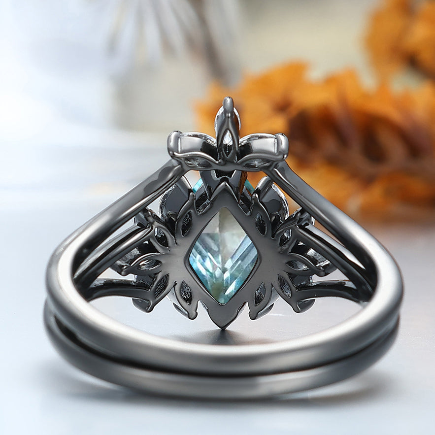 Cluster Rhombus Cut Aquamarine Engagement Ring Set 2pcs Women Wedding Ring Bridal Ring