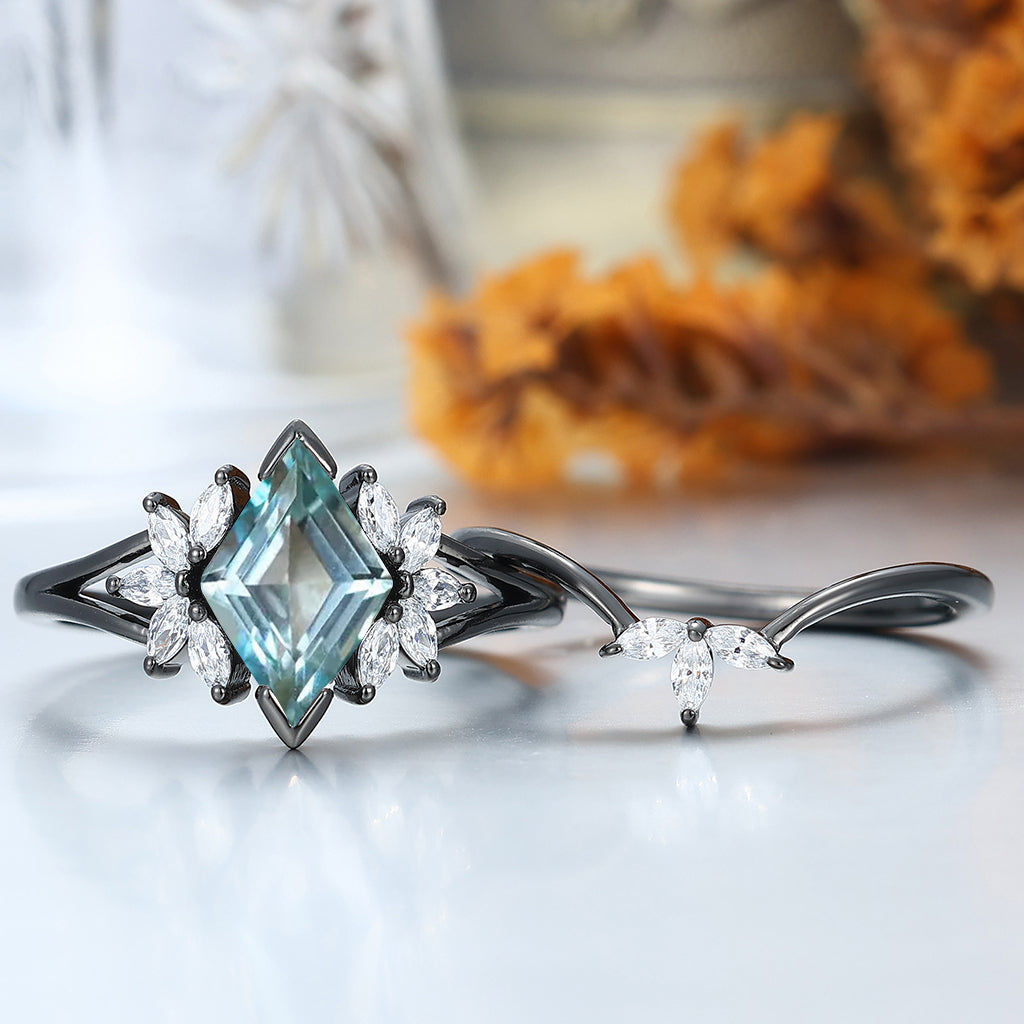 Cluster Rhombus Cut Aquamarine Engagement Ring Set 2pcs Women Wedding Ring Bridal Ring