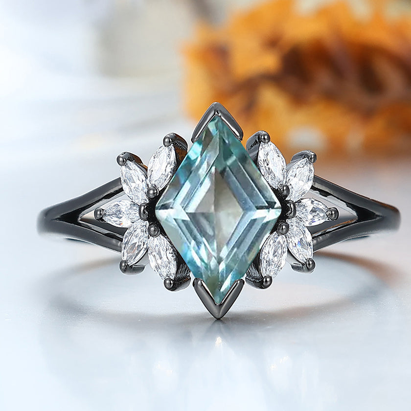 Petal Design Aquamarine Engagement Ring 14K Solid Gold Anniversary Bridal Ring For Women