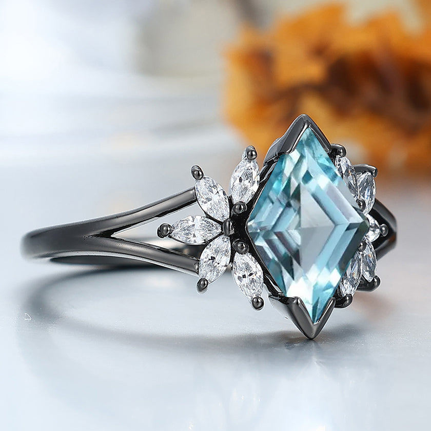 Petal Design Aquamarine Engagement Ring 14K Solid Gold Anniversary Bridal Ring For Women