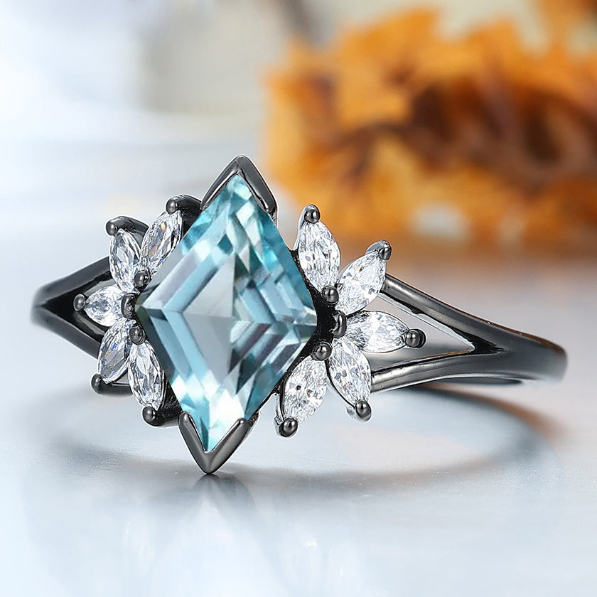 Petal Design Aquamarine Engagement Ring 14K Solid Gold Anniversary Bridal Ring For Women