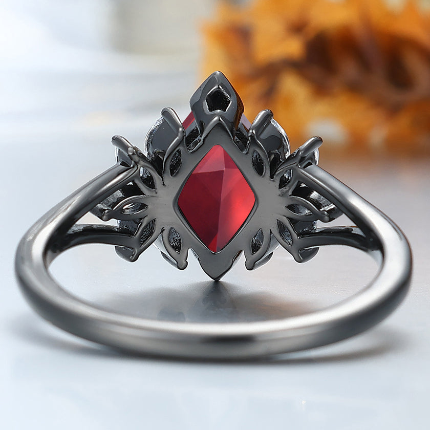 Art Deco 2CT Rhombus Cut 14k Black Gold  Nature Red Garnet Petal Engagement Ring Women Fine Ring