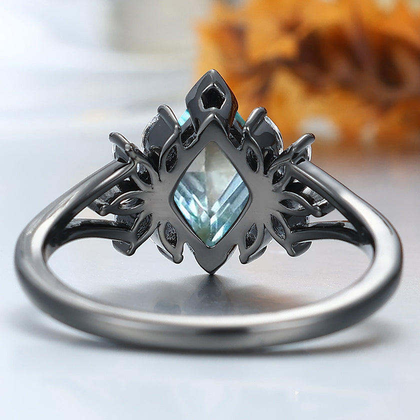 Petal Design Aquamarine Engagement Ring 14K Solid Gold Anniversary Bridal Ring For Women