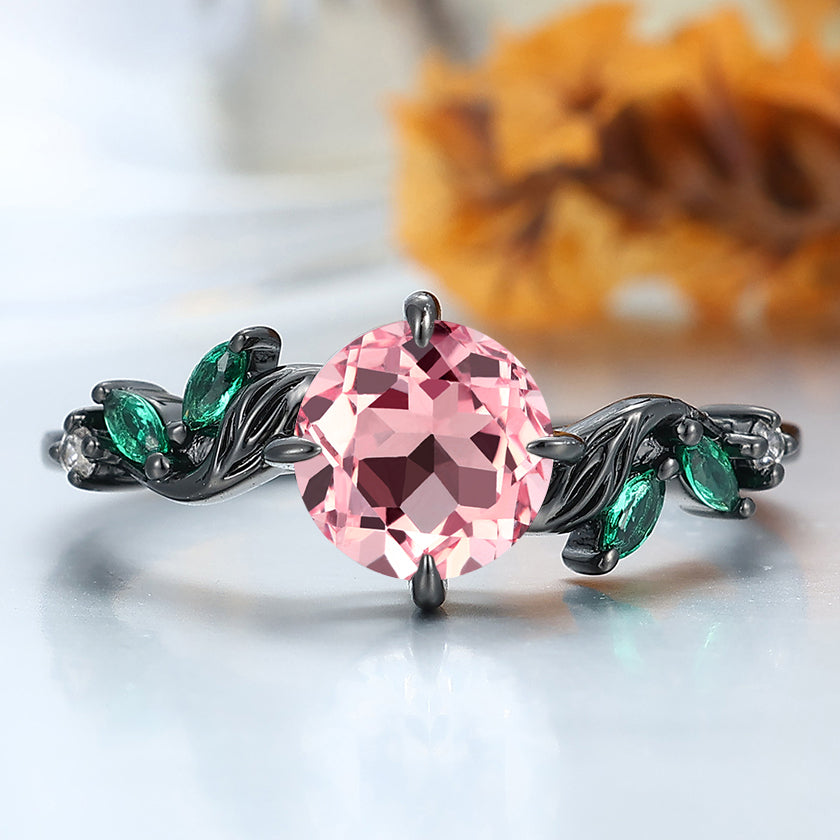 1.25CT Round Cut Pink Morganite Engagement Ring Leaf Inspired Solid Gold Women Wedding Ring