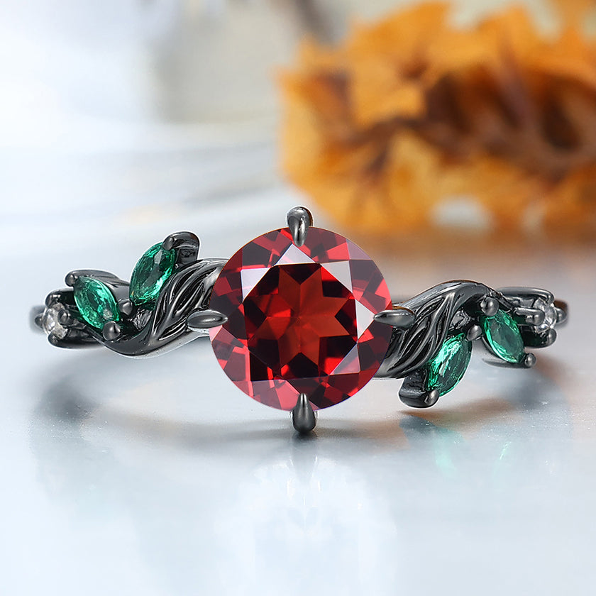Antique Sprig Red Garnet Engagement Ring Accents Emerald Promise S925 Ring Available in1 0k/14k/18K Gold  Wedding Ring