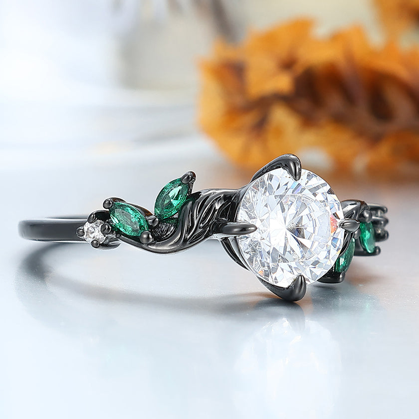 Antique Sprig Moissanite Engagement Ring Accents Emerald Promise Wedding Ring