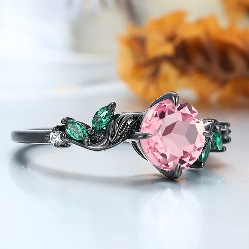 1.25CT Round Cut Pink Morganite Engagement Ring Leaf Inspired Solid Gold Women Wedding Ring