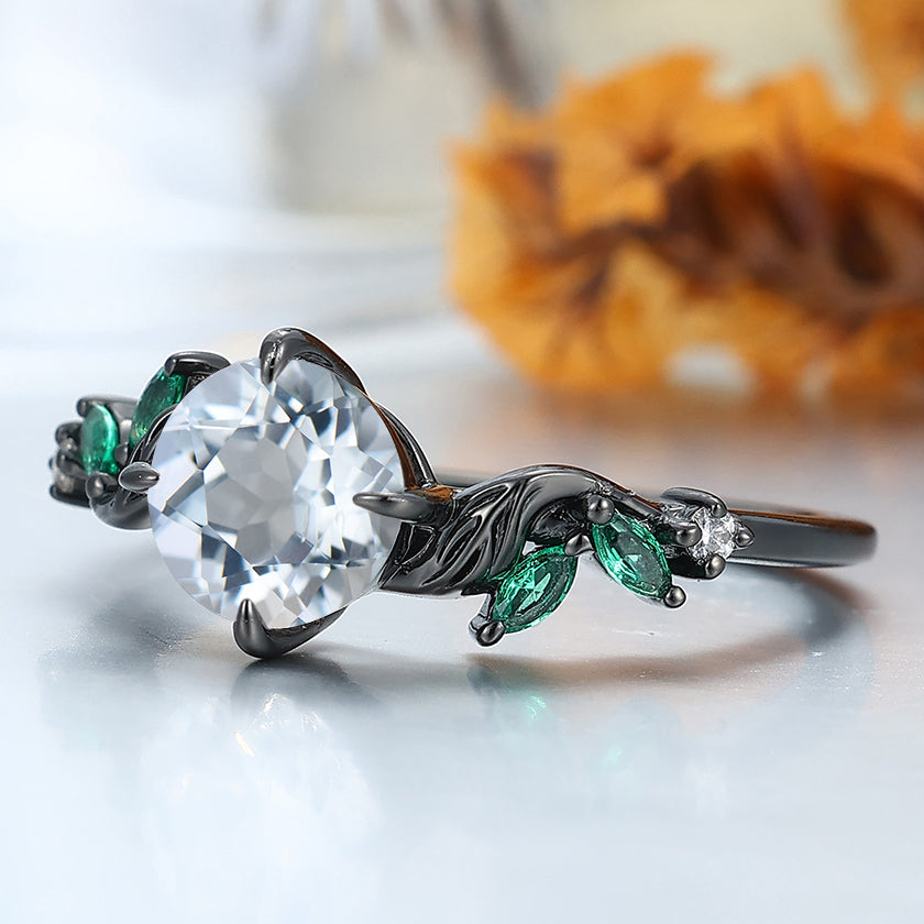 7mm Round Cut Aquamarine Engagement Ring Leaf Design Women Ring Handmade Black Gold Ring